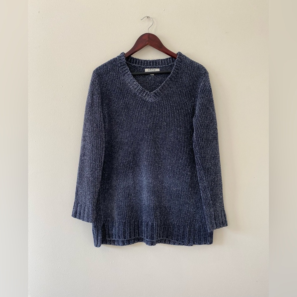 Orvis Women’s Knit Sweater Medium *FLAW* Blue White Chenille Soft V-Neck Slits